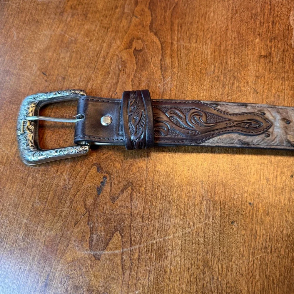 R Watson Belt Mens 40 Brown Kango Tobac Full‎ Quill Ostrich Tooled RWB2312